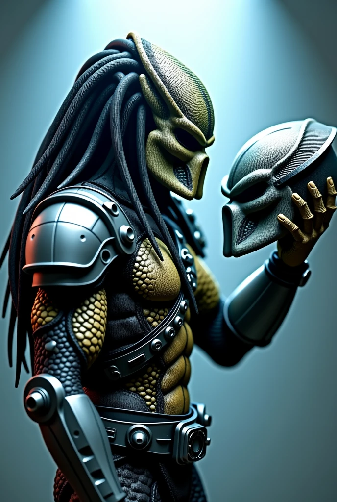 The Predator, hunched over in a tattered, dirty vest,，Holding a lot of cash，Pitiful，Predator helmet，His armor is all rusted，Street background，Depth of Field，High-resolution details，masterpiece