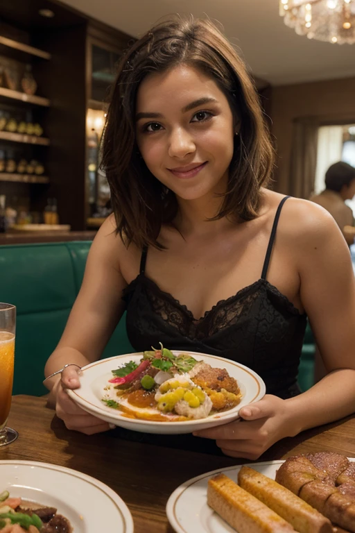 Modelo brasileira, friendly about 20 years ago,, academia, moda street, roupas leves e claras, sitting in a café, on the table a cup of coffee and a slice of pie on the plate