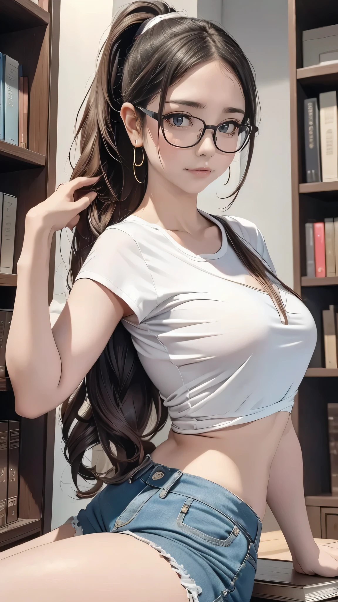 library, masterpiece, highest quality, (maximum resolution: 1.2), (Ultra HDTV: 1.2), cinematic light, Ultra HDTV, (detailed eyes and skin), (detailed facial features), nffsw, 8K resolution, sharp focus: 1.2, perfect body, Anatomically correct, beautiful face, double eyelids, thin eyebrows, natural lip color, 25 years old lady, cheeks are red, slender body, small breasts, glasses, smile, pretty earrings, white T-shirts(extra large size: 1.2), tight short denim, she has a book, ponytail hair,