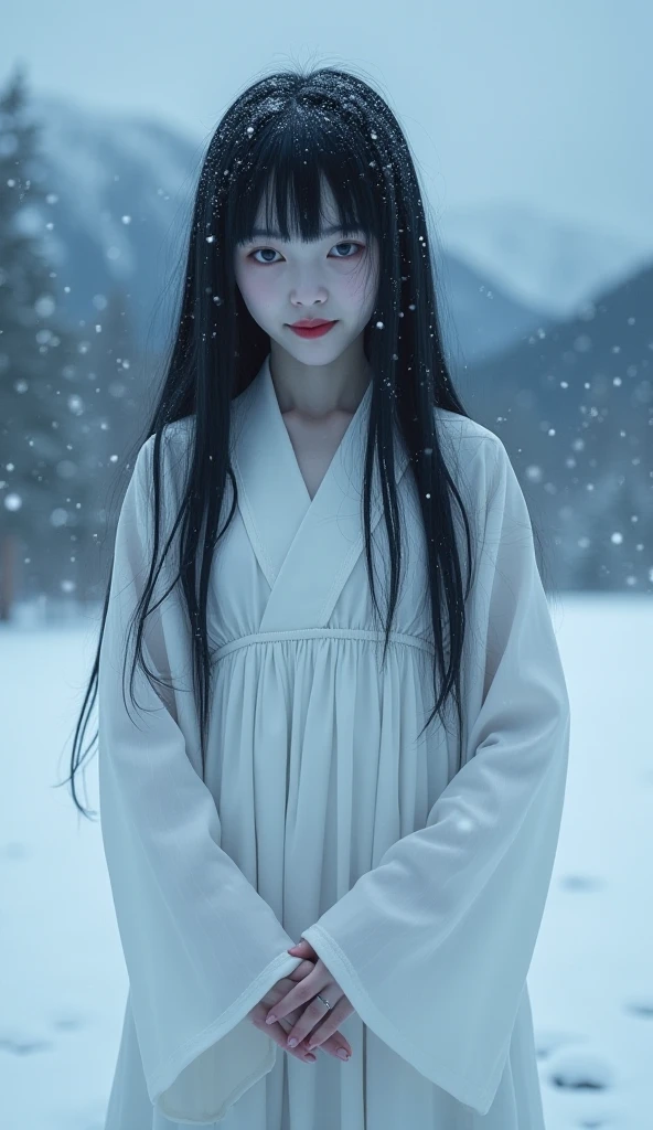 Prompt: Create an ultra-realistic 8K resolution image of Yuki-onna, the mythical figure from Japanese folklore, reimagined as a hauntingly beautiful woman with an ethereal presence. She has pale, flawless skin that glows faintly against the snowy background, and her long, jet-black hair flows gracefully over her shoulders, contrasting with the surrounding white landscape. Her piercing blue eyes hold a mysterious, otherworldly gaze, and her lips are a delicate shade of red, adding a touch of warmth to her cold appearance. She is dressed in a traditional white kimono, intricately detailed with subtle patterns and soft fabric that drapes elegantly around her slender form. Snowflakes gently rest on her hair and clothing, enhancing her connection to the wintery environment. The background is a serene, snow-covered forest with tall, dark trees, and a misty atmosphere that adds to the mystical and tranquil ambiance. The image captures the essence of Yuki-onna as both a captivating and eerie figure, embodying the beauty and danger of winter.