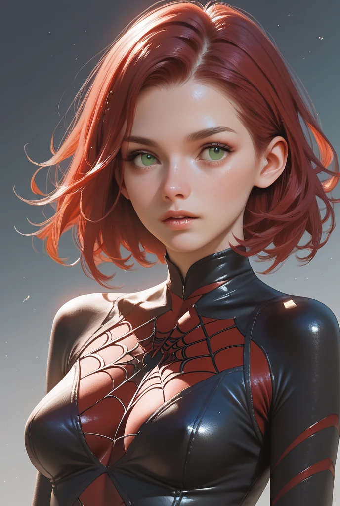 Pale chica, ginger hair, black eyes, freckled, one lens, He has a green and orange Spiderman suit, The suit also has a brown jumpsuit, Marvel style panel