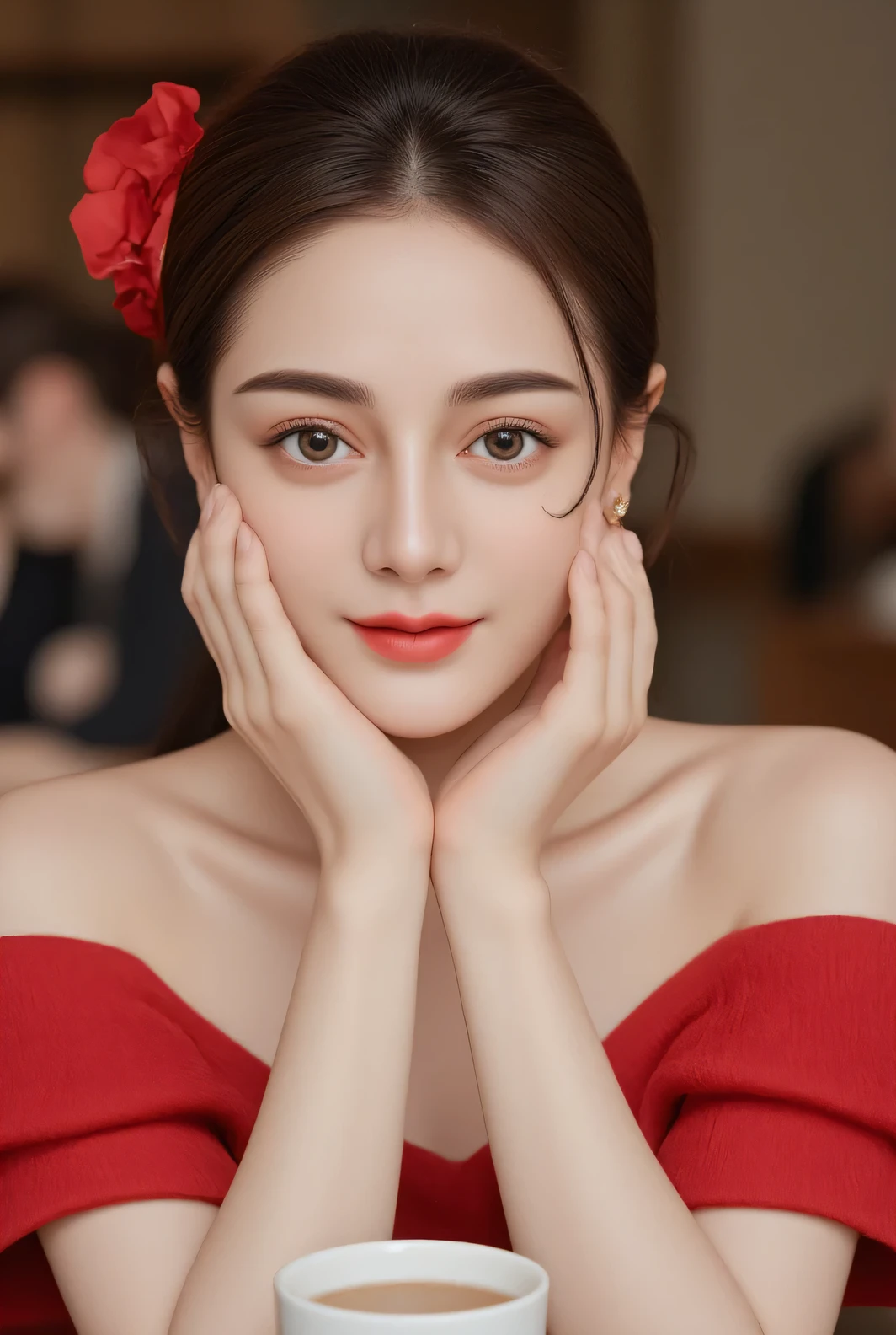Portrait of a young glasses woman sitting at a table with a cup of coffee in front of her. she is wearing a red off-the-shoulder dress with a ruffled neckline and a small red flower in her hair. she has dark hair tied lower bun hair styled and is wearing red lipstick and gold earrings. the woman is smiling and has her hand resting on her chin, as if she is deep in thought. the background is blurred, but it appears to be a restaurant or cafe with tables and chairs. the overall mood of the image is elegant and sophisticated.
