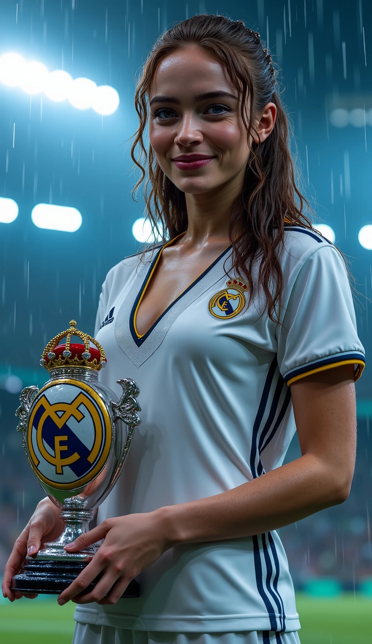 Photorealistic portrait of a confident model with an hourglass figure and wet hair in intense night rain at Santiago Bernabéu Stadium, wearing the exact 2025-2026 Real Madrid home kit tailored to accentuate her curves: snug white jersey with a structured deep V-neckline (gray trim) that preserves the black embroidered crest’s placement, yellow side piping, and black Adidas shoulder stripes. The athletic-cut fabric clings tightly to her body, emphasizing her silhouette without distorting logos. Paired with fitted white shorts featuring gray ventilation panels. She holds a silver trophy with the Real Madrid logo in high fidelity: detailed golden crown, navy blue band, and crisp white lettering. Anatomically perfect hands, rain-soaked skin, and stadium reflections enhance realism. Sony A1, 85mm f/1.4, ISO 400, f/2.8, 1/250s, 8K resolution. Annie Leibovitz-style dramatic lighting with cool blue-white HDR, capturing a seductive smile amid falling raindrops. --ar 9:16 --quality 5 --sharpness 8 --hdr
