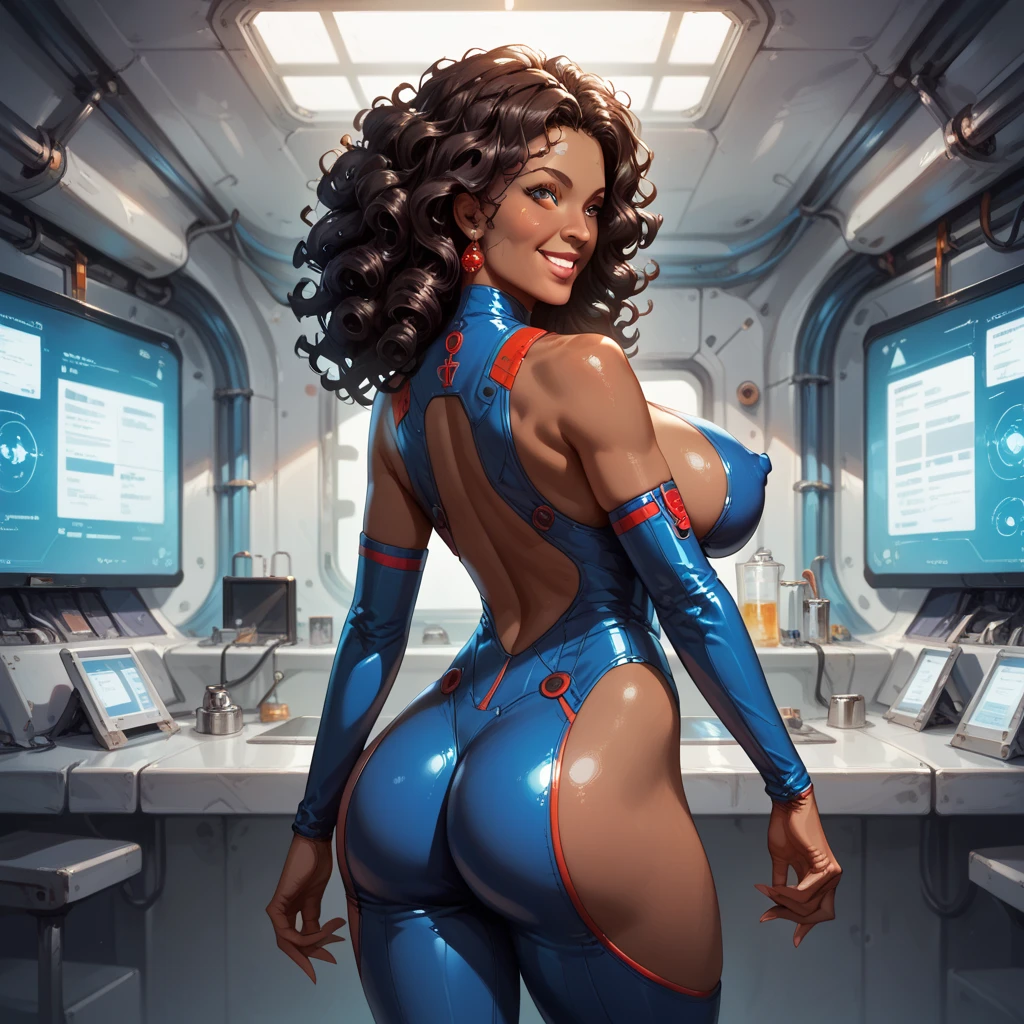 highly detailed, high quality, masterpiece, beautiful, (full shot, back side view), (((dreamy pride art))), (((character severa tettona))), bovid, caprine, goat, athletic female, mature female, dominant female, camel toe, curved leaves, mammal, 5 fingers, 5 toes, bubble butt, (((huge Breasts))), (((Brown body))), (((Brown fur))) (((Brown hair))), (((Long hair))), curled hair, (((Brown eyebrows))), (((Black eyelashes))), (((Dark eyeshadow))), (((Tan nose))), (((Tan mouth))), (((Tan breast))), (((Tan stomach))), (((Tan middle of the thighs))), (((Tan middle of the butt))), Tan tail, (((Tan under the tail))), (((Dark Brown shin))), (((Dark bronwn feet))), goat horn, (((curved horn))), Dark Yellow horn, big butt, butt squish, busty, butt, claws, (((black one piece swimsuit latex))), (((feet detail))), (((half-closed eyes))), narrowed eyes, fingers, (((floppy ears))), genital outline, good body proportion, perfect morphology of a tall woman, grabbing own butt, one hand on butt, humanoid feet, humanoid hands, horny face, in love to the viewer, large butt, looking at viewer, loose sandal, standing, nails, on one leg, one leg up, open toe sandal heels, partially visible vulva, plantigrade, platform sandal, platform heels, protective mother countenance, pose, raised leg, yellow eyes, sandals, shirt, shoe dangle, smile, soles, (((soft soles))), (((meaty soles))), solo, sheap space, spreading butt, shorts tail, thick thighs, toe claws, toes, voluptuous, wide hips, curvy figure, curvaceous, absurd res, hi res, signature, in a spaceship next to a large window space