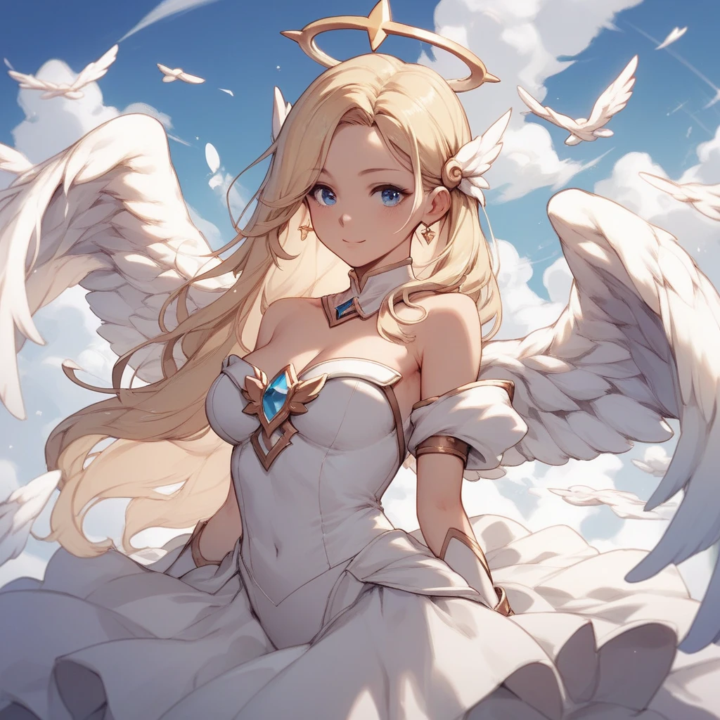 Girl, angel, blonde hair, green eyes, big white wings, floating top half of image, knight 
