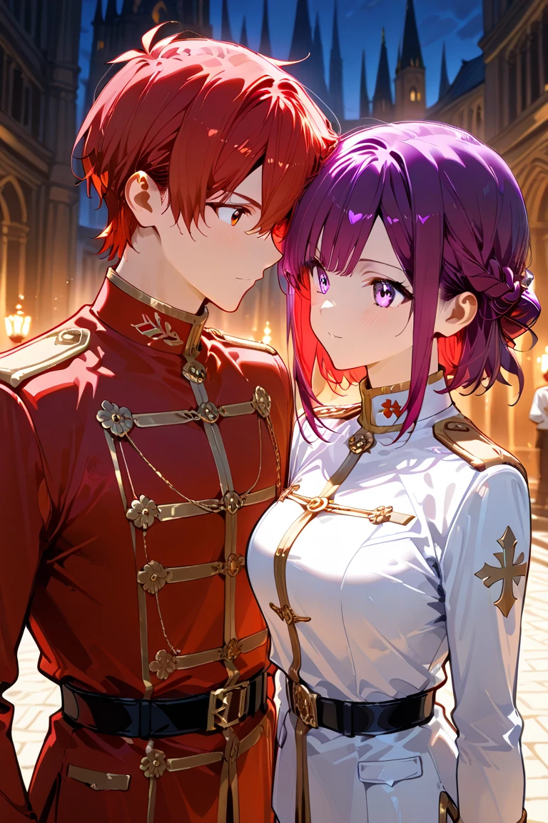 2others, couple, 1boy with 1girl, (Height difference1.3), ((elf boy) with (blue hair color)), (daemon-like girl with (red hair and girl dark skin and 2 horns)), (boy defending girl:1.25), (girl hugs boy), full body, knight and lady, fantasy, closed mouth, detailed, enchanted dark forest, dark fairy tale, unconditional love, emotional connection