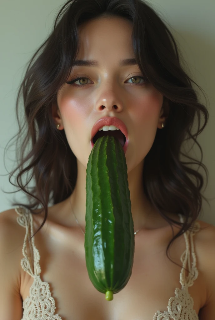 Woman sucking a huge cucumber deep