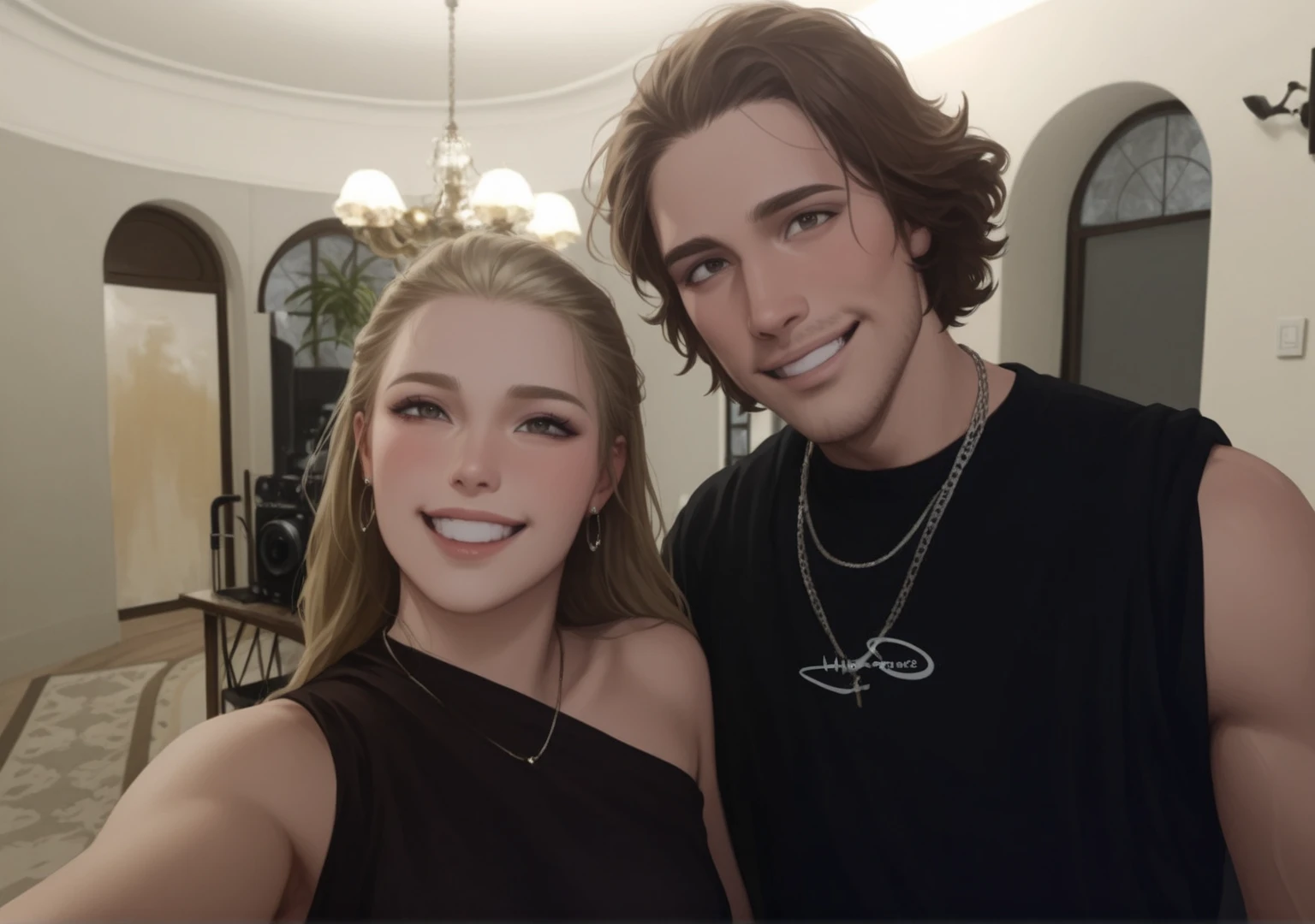 Best quality, camisa branca, cabelo ruivos, chapel preto, casal