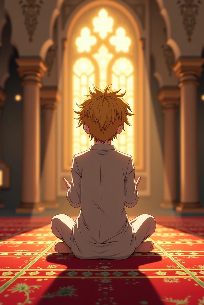 (Furry、Cheetah Boy)Yellow fluffy fur、Black spots、Eyes closed, looking down、Praying、Cathedral、Pouring light