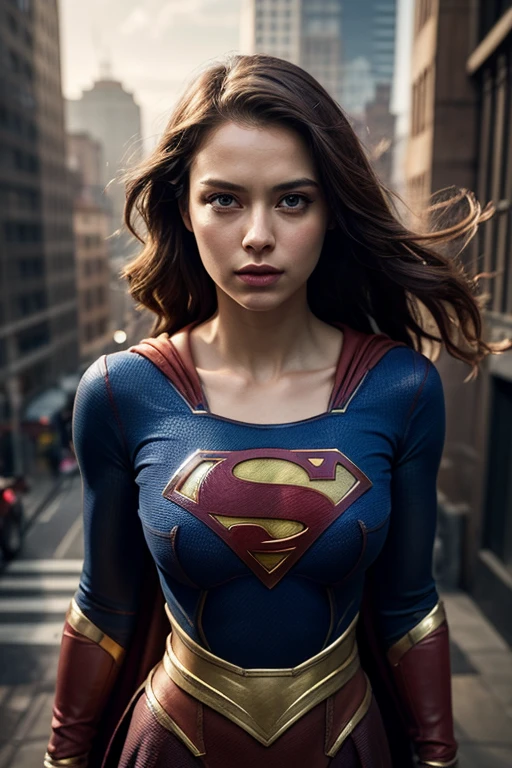 DC movies,from above,photo of a 18 year old girl,supergirl,Super Strength Pose: Flexing muscles with a determined look,ready to showcase incredible strength,arm stretching,happy,ray tracing,detail shadow,shot on Fujifilm X-T4,85mm f1.2,depth of field,blurry background,bokeh,motion blur,<lora:add_detail:1>,