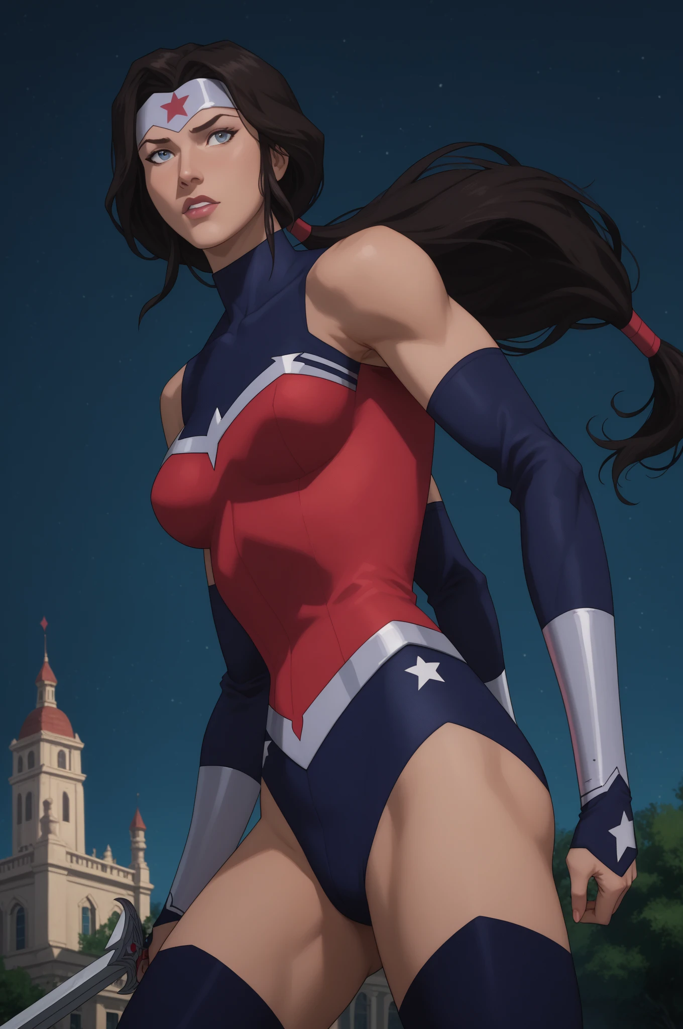 (((Simon Bisley))), (((flag))), Mature woman 35 years muscular beautiful, giant robot pilot, wild with perfect body, bare thighs, black hair, wearing little clothing, dark blue clothing with white stars, red with white stripes, tiny thong, hoarse with the colors of the United States flag, sensual pose, large breasts, technological scenery