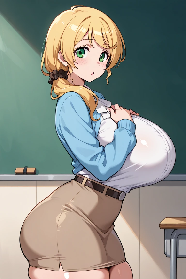 (Single Short Girl, curly blonde hair, pink waitress uniform, huge breast, big booty, cheerful, holding menu and ordering pad)