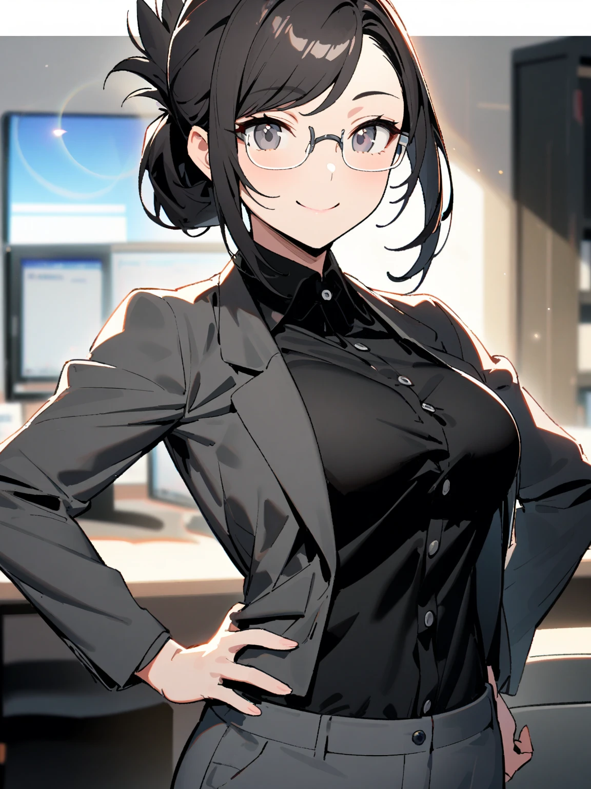 ((masterpiece)), (best quality), (ultra-detailed), best artist, realistic, 4k wallpaper, detailed face, (seductive smiling), 1girl, ((black bob hair)), ((blunt bangs)), ((sexy)), (glasses), (black turtleneck blouse, grey office suit, jacket and pants:1.4), seductive, (red lipstick, parted lips, seductive smiling), large breasts, thick thighs, skindentation, standing, cowboy shot, looking at viewer, dark city background, outdoors, ((correct composition))