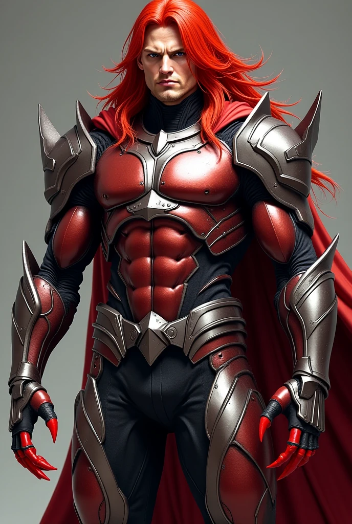 Full Body zodiac sign Aries: the ram , a man with fiery red hair and piercing blue eyes. two ram horns sticking from his head. with a strong warrior build, full body armor . always on the move and have a restless energy . often seen wearing full body armor, bright bold colors and sporty full body armor, ready for battle.