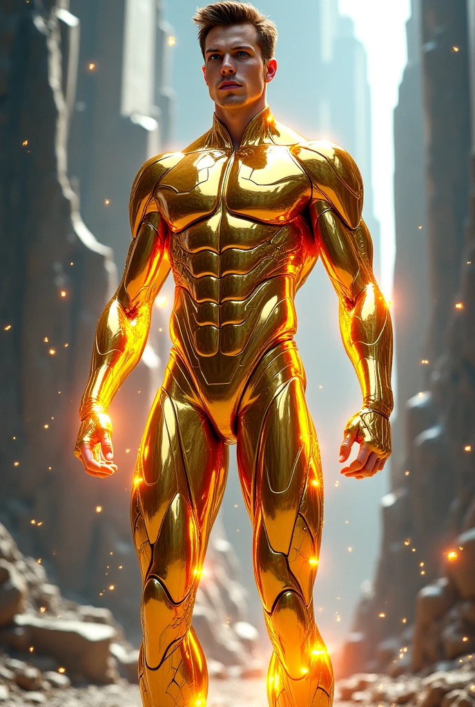 Half body focus photorealistic handsome hunky fractal masculine Sun Boy.. wearing a Orange and yellow citrine transparent crystal chrome glass super suit , look at camera, detailed face parts,, studio as background, Freestyle Pose, Happy Expression, perfect anatomy, symmetric body,, 18 years old, :: high detail, a lean athletic body, realistic, human skin, extremely detailed fingers, chad chin,, masculine, human skin, (eyes contact), gorgeous, Attractive. super bulges
