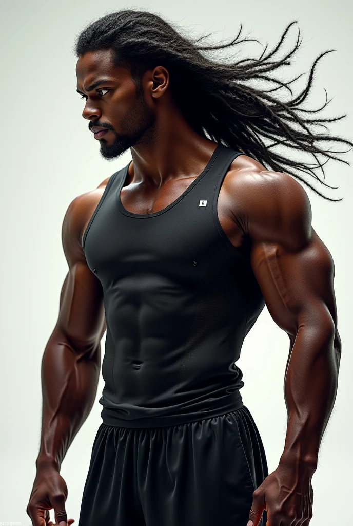 A man around 30 years old, medium height, long black hair, slightly messy, not tied, eyes closed, brown skin with scars on several parts of the body, athletic and muscular body, green warrior clothes, green snake scale motif, long trousers , headband, wooden stick.