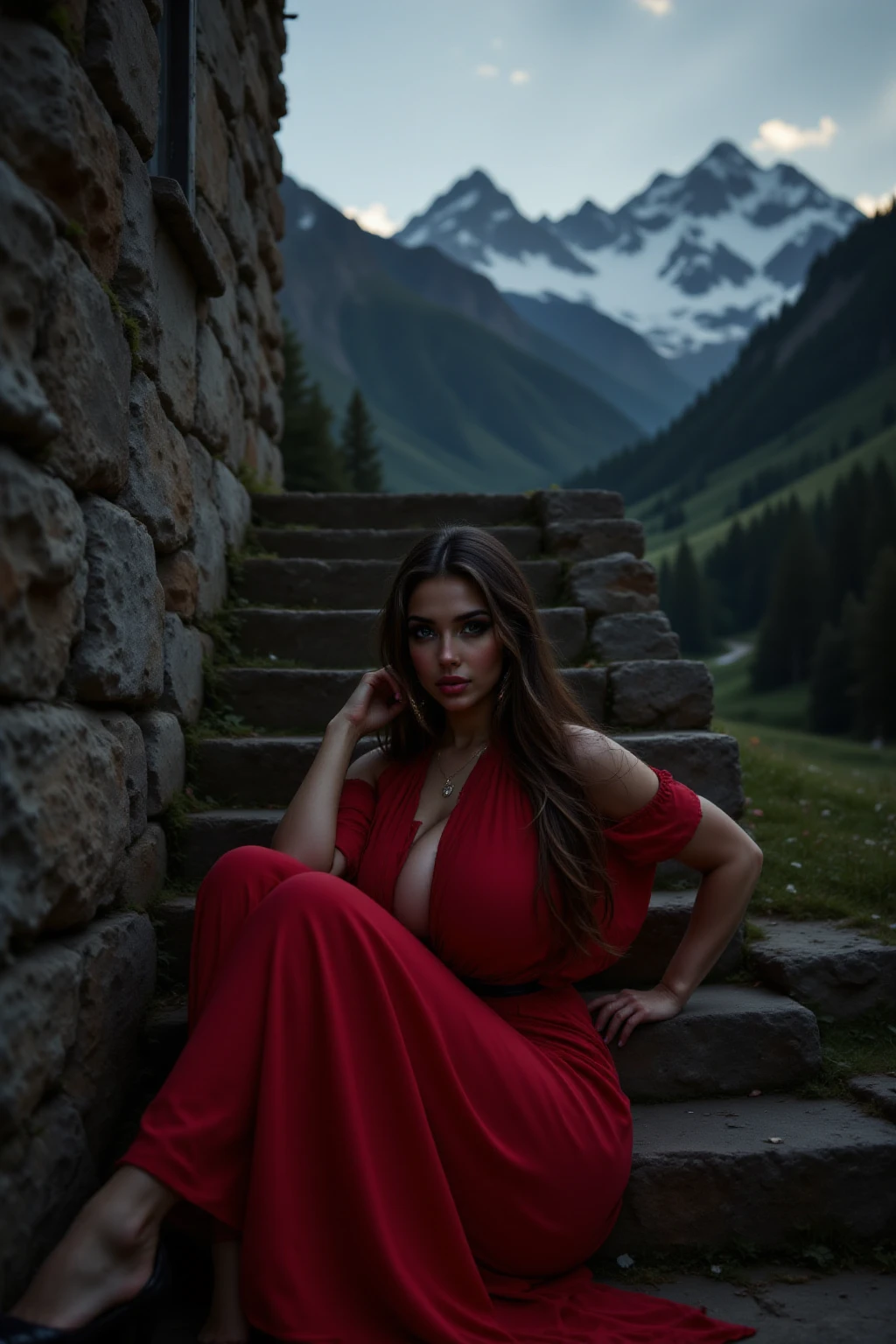 Masterpiece, ((Morena Baccarin:Christina Hendricks:0.5)), 20 years old, off shoulder red bodycon dress, sky, clouds, mountain, daylight, beautiful face, straight hair, large cleavage, brown hair, model pose, standing, half body, looking at viewer, ultra realistic, 32K, high resolution, perfect face, model look, fair complexion,
