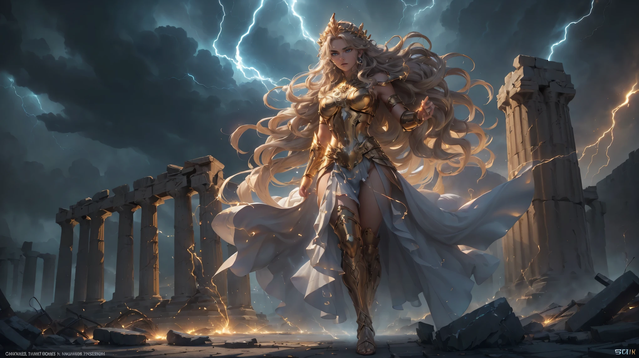 ((full-body shot)), highly detailed, ultra-detailed, ((Greek warrior goddess)), ((muscular yet feminine build)), ((flowing white and gold Greek chiton)), (golden arm guards and greaves with intricate engravings)), ((glowing blue eyes radiating divine energy)), ((long wavy dark blonde hair caught in the wind)), ((Greek-style sandals with lightning motifs)), (battle-worn yet regal expression), ((electricity crackling around her body)), (high-energy electric arcs illuminating the scene), ((stormy background with ancient Greek temples in ruins)), (divine aura surrounding her), ((chiaroscuro lighting for cinematic effect)), (epic fantasy setting), (masterful composition), (best quality), (4K, 8K, highres, masterpiece:1.2), (natural light, 35mm photograph, professional film look, golden hour lighting, depth of field F2, rule of thirds composition).,((full-body shot)), highly detailed, ultra-detailed, ((Greek warrior goddess with lightning powers)), ((muscular yet feminine build)), ((flowing white and gold Greek chiton with intricate embroidery)), ((golden arm guards and greaves with ancient Greek symbols)), ((intense glowing blue eyes radiating divine energy)), ((long wavy dark blonde hair, strands charged with electricity)), ((golden tiara inscribed with lightning motifs)), ((electricity crackling around her body and fingertips)), ((high-energy lightning arcs illuminating the stormy battlefield)), ((powerful thunderbolts striking the ruins of an ancient Greek temple)), ((ionized air shimmering from the voltage)), ((glowing blue veins pulsating with power)), ((storm clouds swirling overhead as if summoned by her presence)), ((electromagnetic energy field distorting the air around her)), ((volumetric fog and atmospheric glow enhancing the intensity of the scene)), ((cinematic photography techniques)), ((dramatic chiaroscuro lighting with high contrast)), (ultra-sharp textures, hyperrealistic rendering, masterful shading), (epic fantasy setting, ancient Greece, best qualit