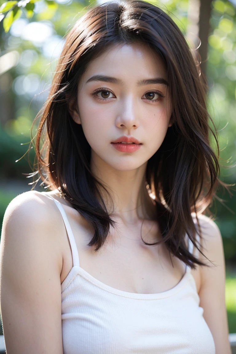 masterpiece, Highest quality, (RAW Photos:1.3), Realistic, Upper body photo, Beautiful adult woman, Age 27, beauty, Long face, long. short wavy black hair, Symmetrical face, Symmetrical eyes, Old-fashioned smile, (Sweaty skin, White T-shirt, Small breasts:1.4), intellectual, A neat and clean female teacher, physical education teacher, Hanging a whistle from the neck, Schoolyard
