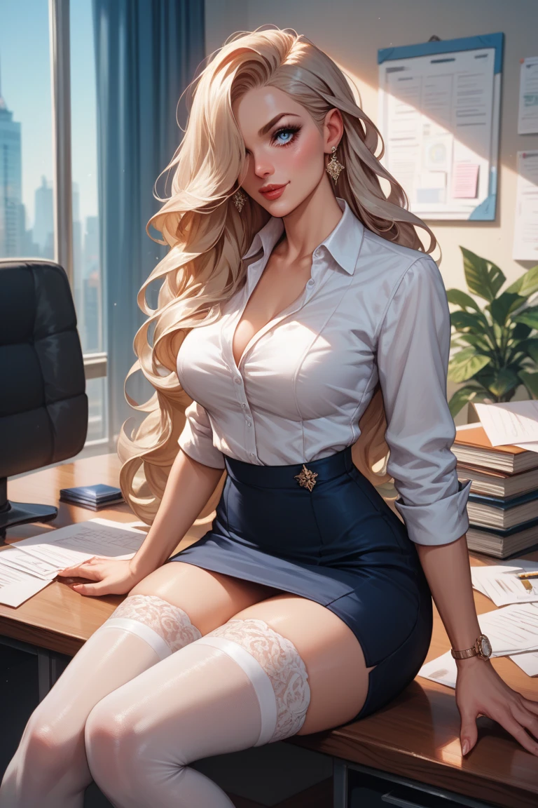 (masterpiece, best quality), 1girl, solo, blonde hair, long hair, curly hair, parted bangs, blue eyes, large breasts, pale skin, long eyelashes, office, window, sunset, orange sky, office lady, leaning back, soles, foot focus, from below, straight-on, pov, unbuttoned shirt, satin bra, dark blue pencil skirt, black pantyhose, no shoes, looking at viewer, smug, parted lips, smirk, mascara, eyeliner, eyeshadow, lipstick, necklace, hoop earrings, bracelet, femdom, assertive female, spoken musical note