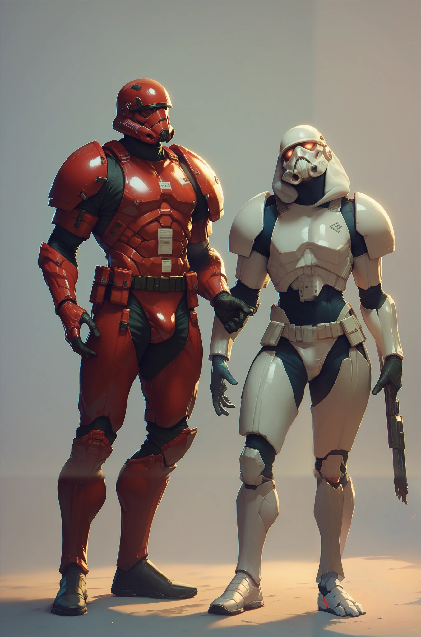2 men, 1 female, all in alien trooper armor, talking during their shift. White and red helmets. The armor is white with red strips. They work under the government of the solar system, The Spire Dominion. Full body view