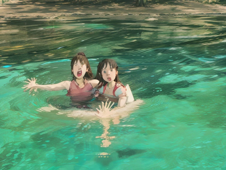 masterpiece, best quality,(forest0.2), (center of the lake0.4), girl, bathing, back, sideboob, ass visible through thighs, embarrassed,(looking at viewer0.3), NSFW,