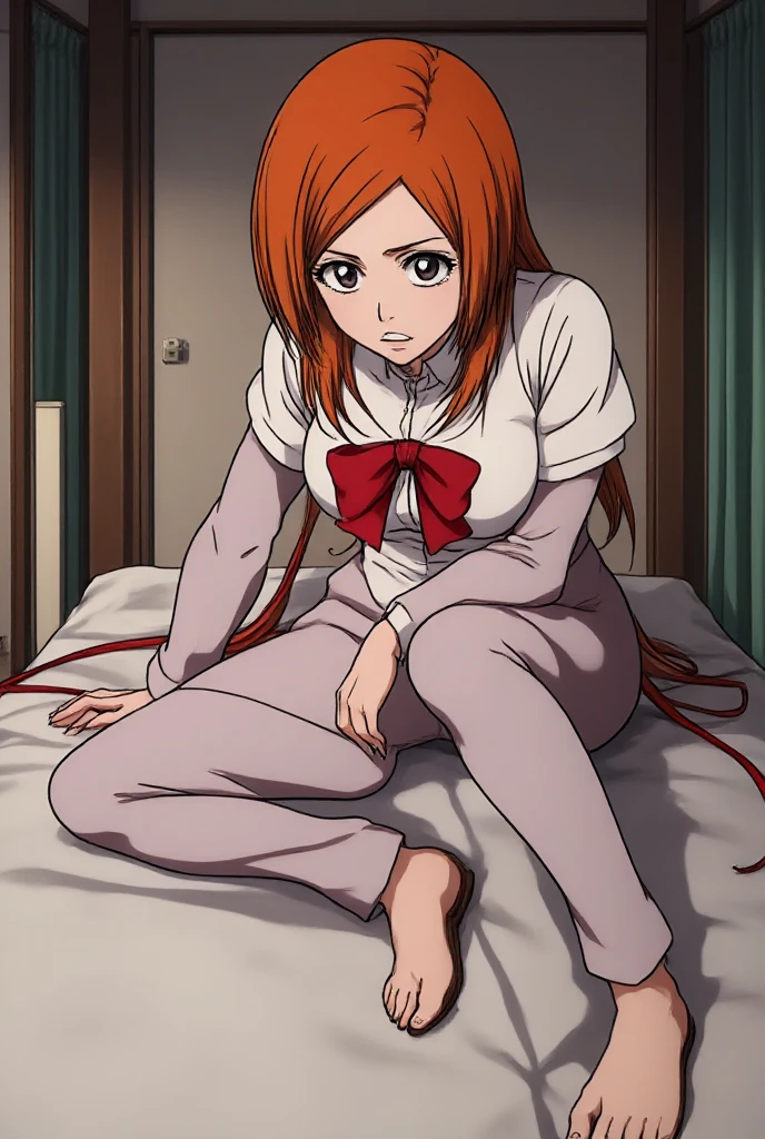 Kushina Uzumaki, beautiful detailed face, long red hair, (vestindo meia calça), lying on bed, sensual pose, semi-nude, sensual body, sexy, (best quality,4k,8k,highres,masterpiece:1.2),ultra-detailed,(realistic,photorealistic,photo-realistic:1.37), intricate details, warm lighting, cinematic composition, (cinematic lighting:1.2), (depth of field:1.2), dramatic shadows, vibrant colors, M legs