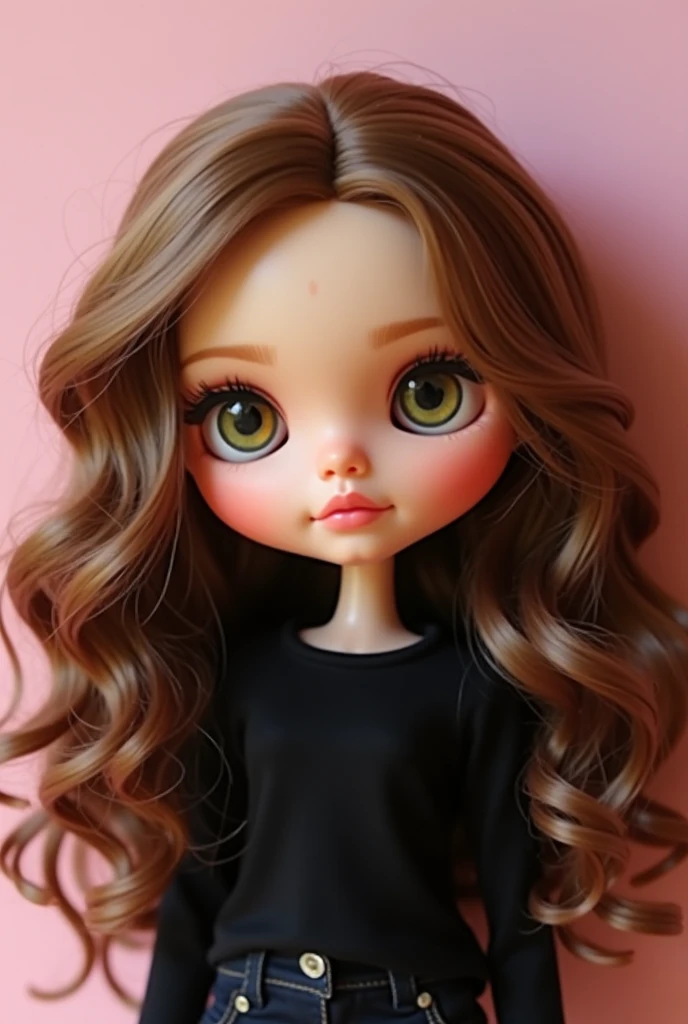 blythe doll brunette with purple and brown hair , black eyes and a black top