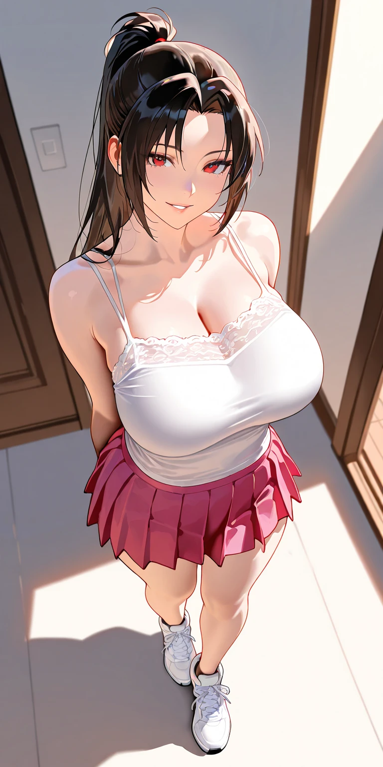 Pretty young girl, brown hair,beautiful long low ponytail hairstyle, (tight grey skirt and tight white bikini , short sleeve,,(slouch),(reisalin stout),(wide muscles),((sexy voluptuous body),((sexy back view)),(walking at room),(sexy body flexes)