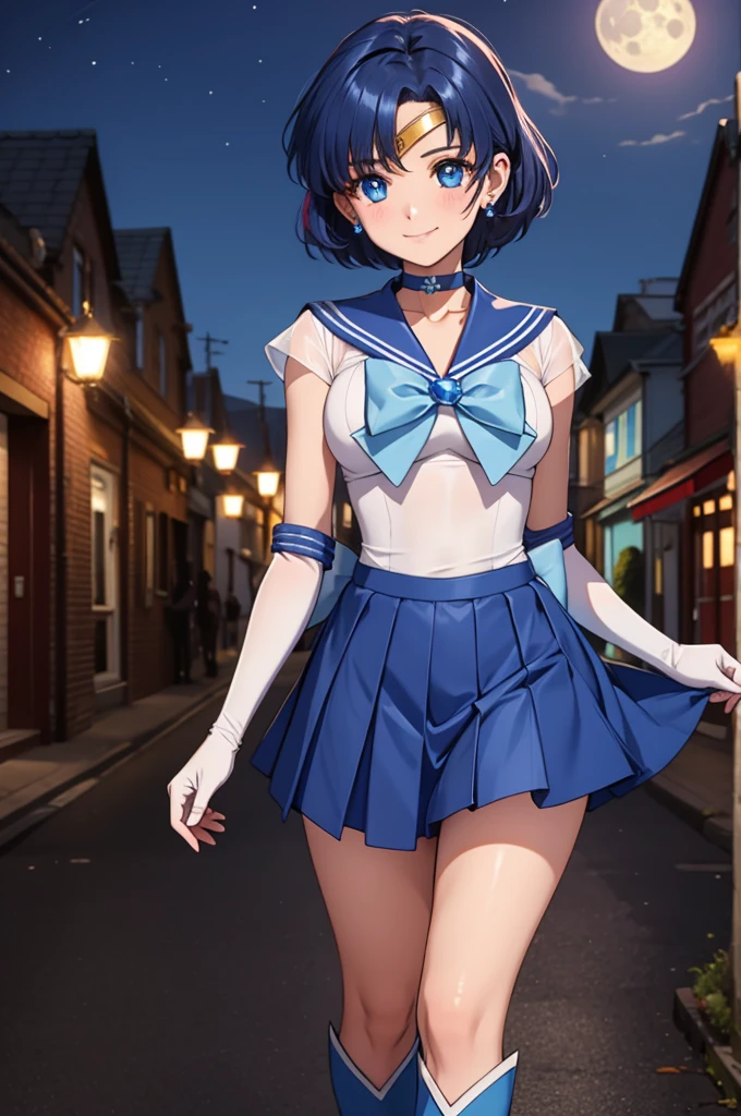 masterpiece, best quality, highres, absurdres, ultra detailed, pretty eyes, mer1, tiara, sailor senshi uniform, blue sailor collar, bow, knee boots, choker, white gloves, blue choker, elbow gloves, jewelry, earrings, blowing kiss, cowboy shot, night, outdoors, moon, smile, city, ((black biker shorts)), ((show cameltoe)), [nipples]
