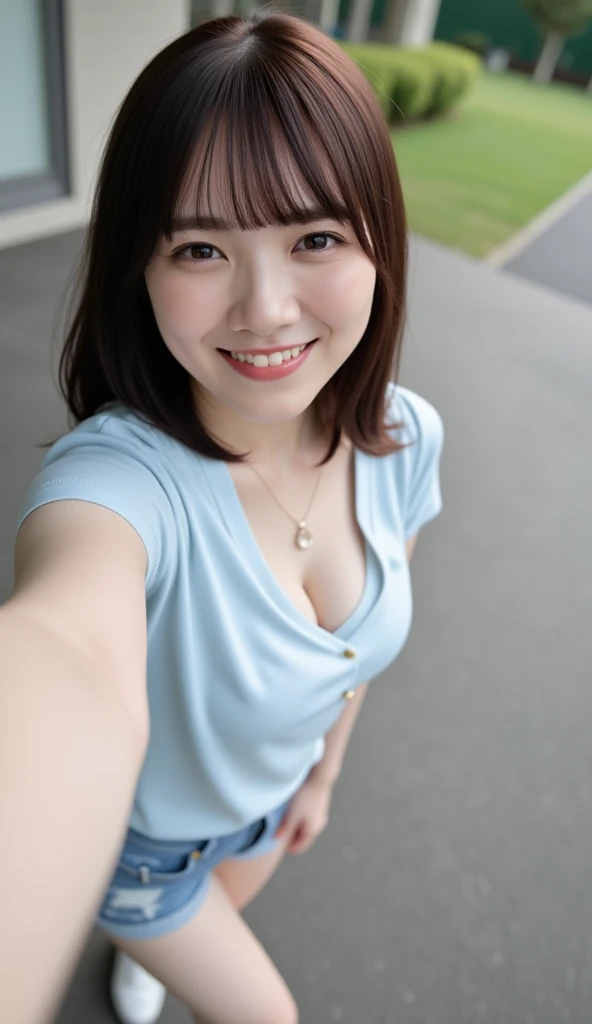 30 year old woman in summer dress smiling at camera