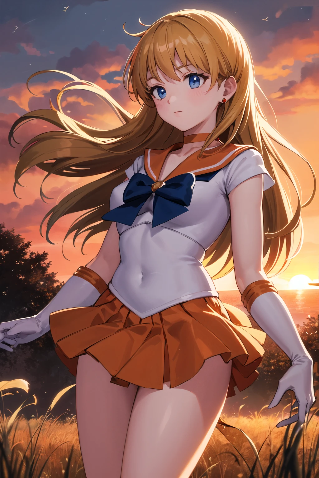 (Extreme detail CG Unity 8K wallpaper, Masterpiece, Highest Quality), (exquisite lighting and shadow, highly dramatic picture, Cinematic lens effect), (Sailor Moon: 1.1), Adorable smile, Double Ponytail, blue eyes, blond hair, tight top, white gloves, mini skirt, dynamicpose), the background is the universe (great details, great lighting, Wide angle), (Excellent rendering, Basta, To stand out in your class), (Beautiful panties, peeking out from under the skirt), (beautiful buttocks)