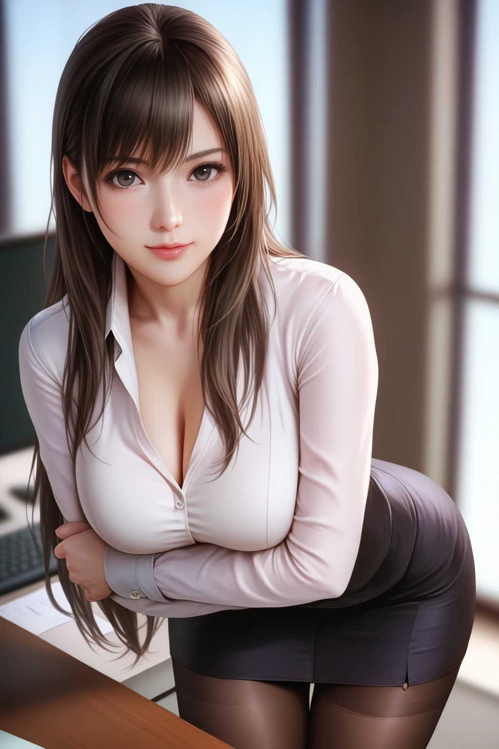 (Highly detailed CG unity 8k wallpaper), (masterpiece), (best quality), (super detailed), (best illustration), (best shadow), (photorealistic: 1.4), real human skin, lens flare, shade, backlight, depth of field, natural light, hard focus, film grain, ntsw, one girl, 18 years old, solo, skinny, (upside down clothes, Oversized white shirt:1.2, open shirt), pale skin, soft lips, (light eyebrows: 1.4), brown eyes, black long straight hair, (small breasts), being in the classroom, suggestive