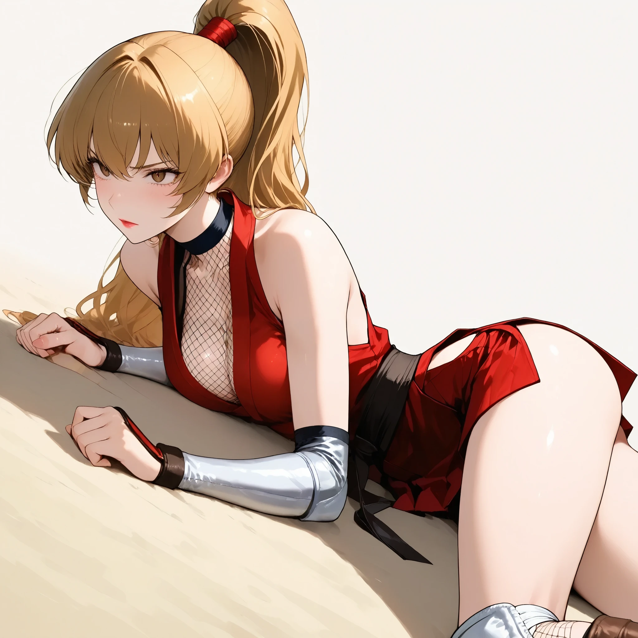 Emphasis on protruding buttocks、wear red opera gloves(highest quality))、((masterpiece)、real skin glow、((((13 year old girl))))、At a tropical beach looking up from underground、Close-up view of loser with short blonde hair and pigtails)、(opaque SM bondage)、Wear dark beige fishnet tights。sexy pose、My breasts have grown、sunset、slight smile、((1 Shiny skin.7))