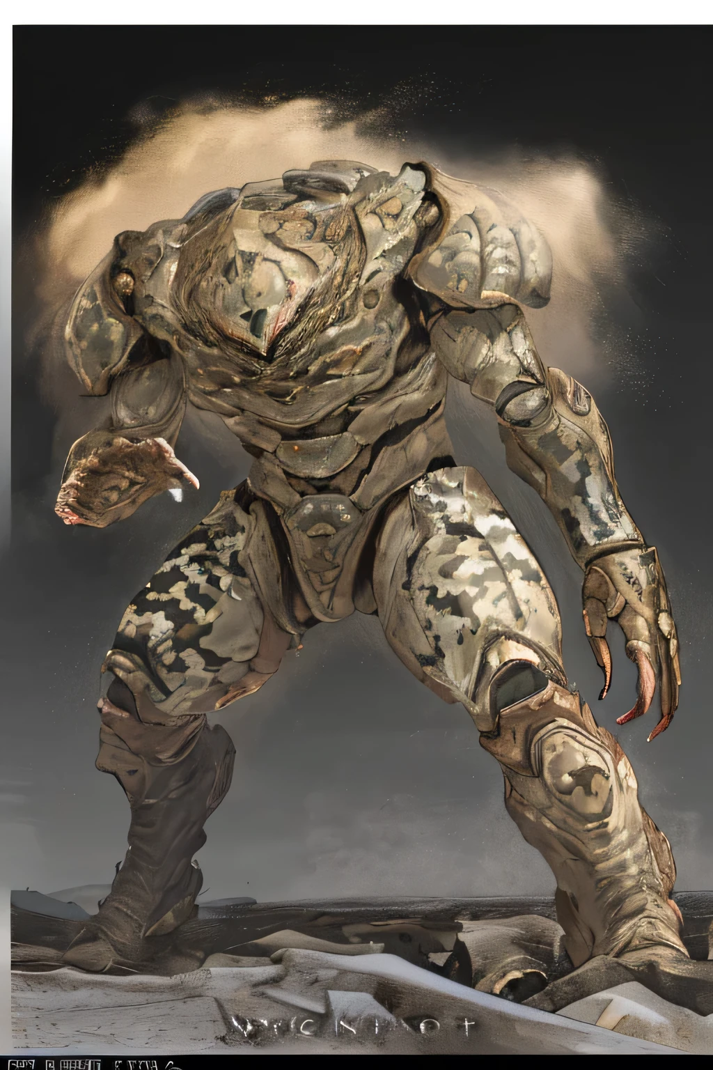 powered suit、Organic Armor、brown carapace、wack、monster、Personalized high quality、4K、Ultra Fine Details、real、photorealistic、professional、HDR、studio lighting、advanced physics-based rendering、Clear focus、vivid colors、Bokeh、huge and adorable、distorted monstrous、unique limbs、dangerous and fascinating、It has strong power、shortage々Nice appearance 、Tough outer skin、camouflage that blends in with the environment、dark atmosphere、fantasy landscape