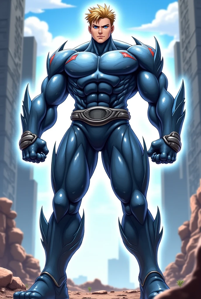 Huge muscles,Devilish wings,Devilish horns,Clear liquid dripping from penis,black costume,Huge erect penis,Ready your weapon,An angel cloaked in evil aura,The color of the face is Caucasian skin tone.,A suit with white and blue lightning bolt lines,Blue black hair with bright blue streaks
