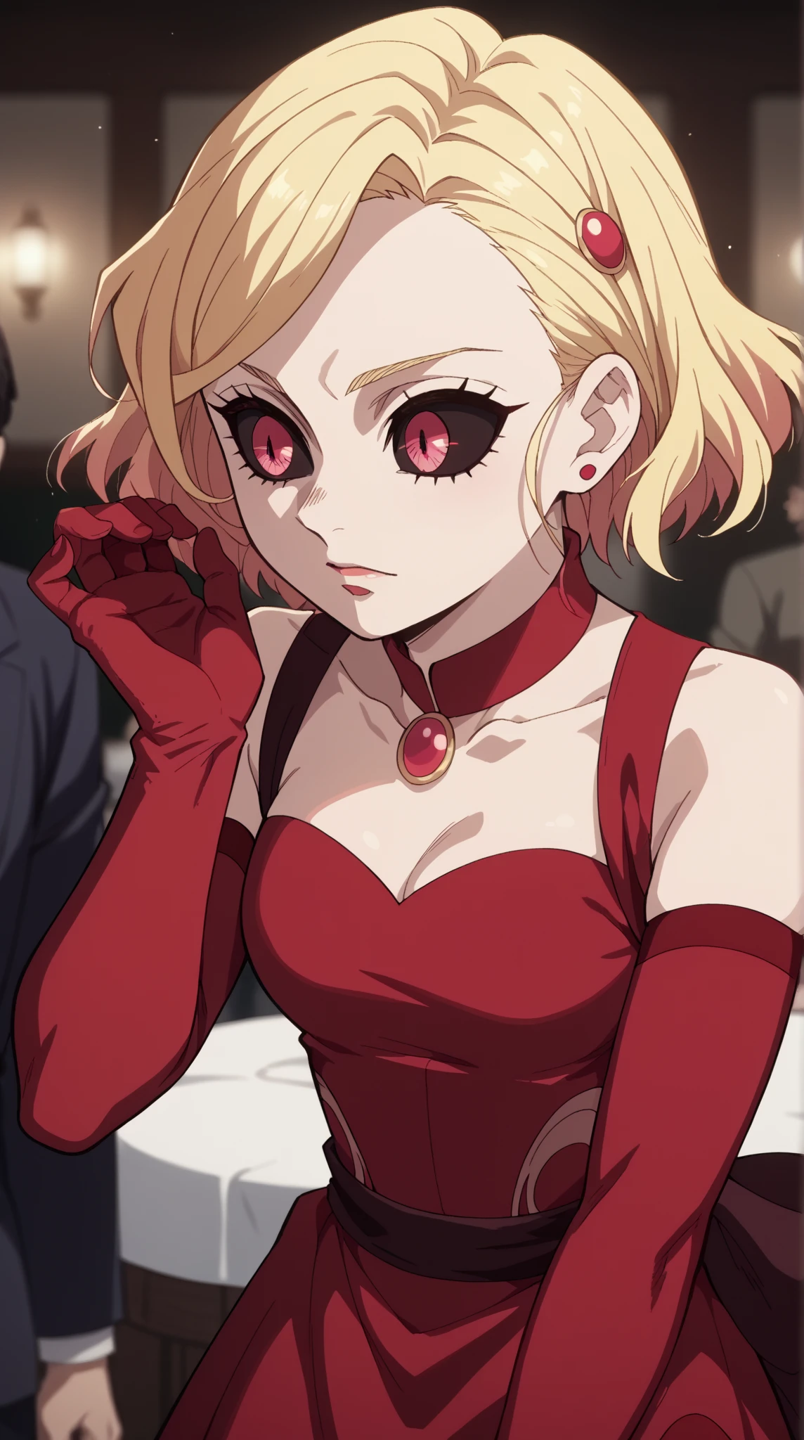 Lucy_Heartfilia, green dress, long dress, strapless dress, backless dress, long white elbow gloves, smile, light red lipstick, dark purple eye shadow, makeup, black choker, cowboy shot, long hair, brown eyes, blonde hair