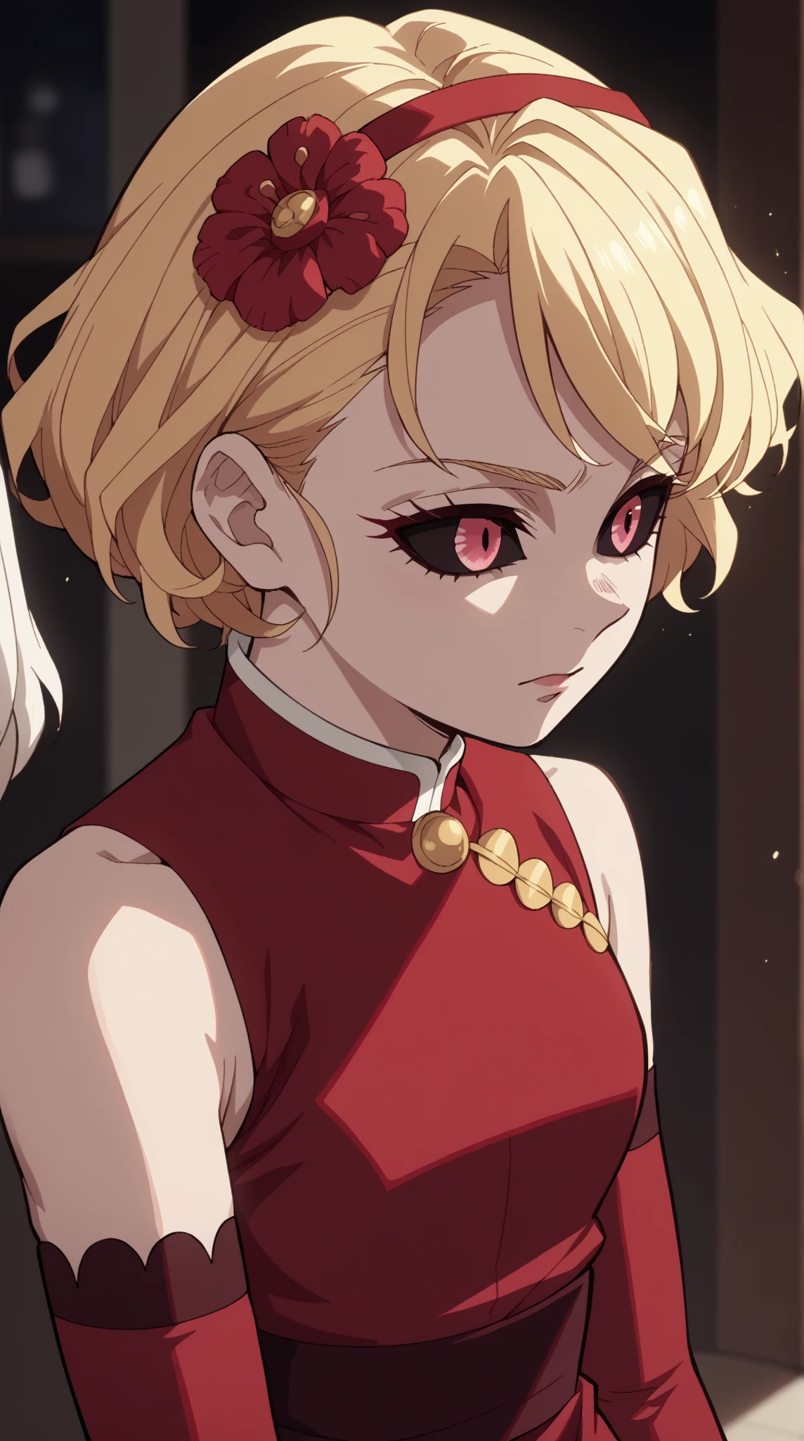 best quality)), ((masterpiece)), (detailed), 1girl, perfect face, serious face, serious, sexy, gloomy, mysterious, eyebrows,crossed arms,perfect hands,five finger, Shinigami, short blonde hair, very short cut thick, eyebrows, sinigami outfit, Shihakushō, start_point = (0, int(height / 2)) end_point = (width, 0)