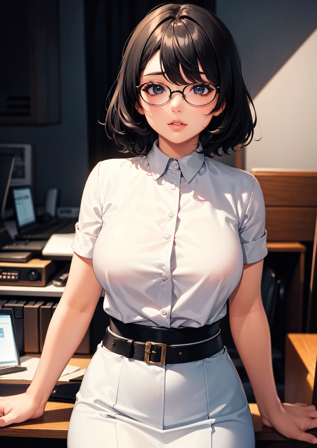 (1girl:1.3), Masterpiece, Best quality, amazing beauty, 4K, absurdres, finely detail, super detailed eye, perfect anatomy, official art, cinematic lighting, BREAK, bedroom, silky short hair, bionde, super shiny detailed black eye, pink lips, embarrassed, BREAK , big breasts, sitting, BREAK , (school uniform:1.2), BREAK,(Glasses)