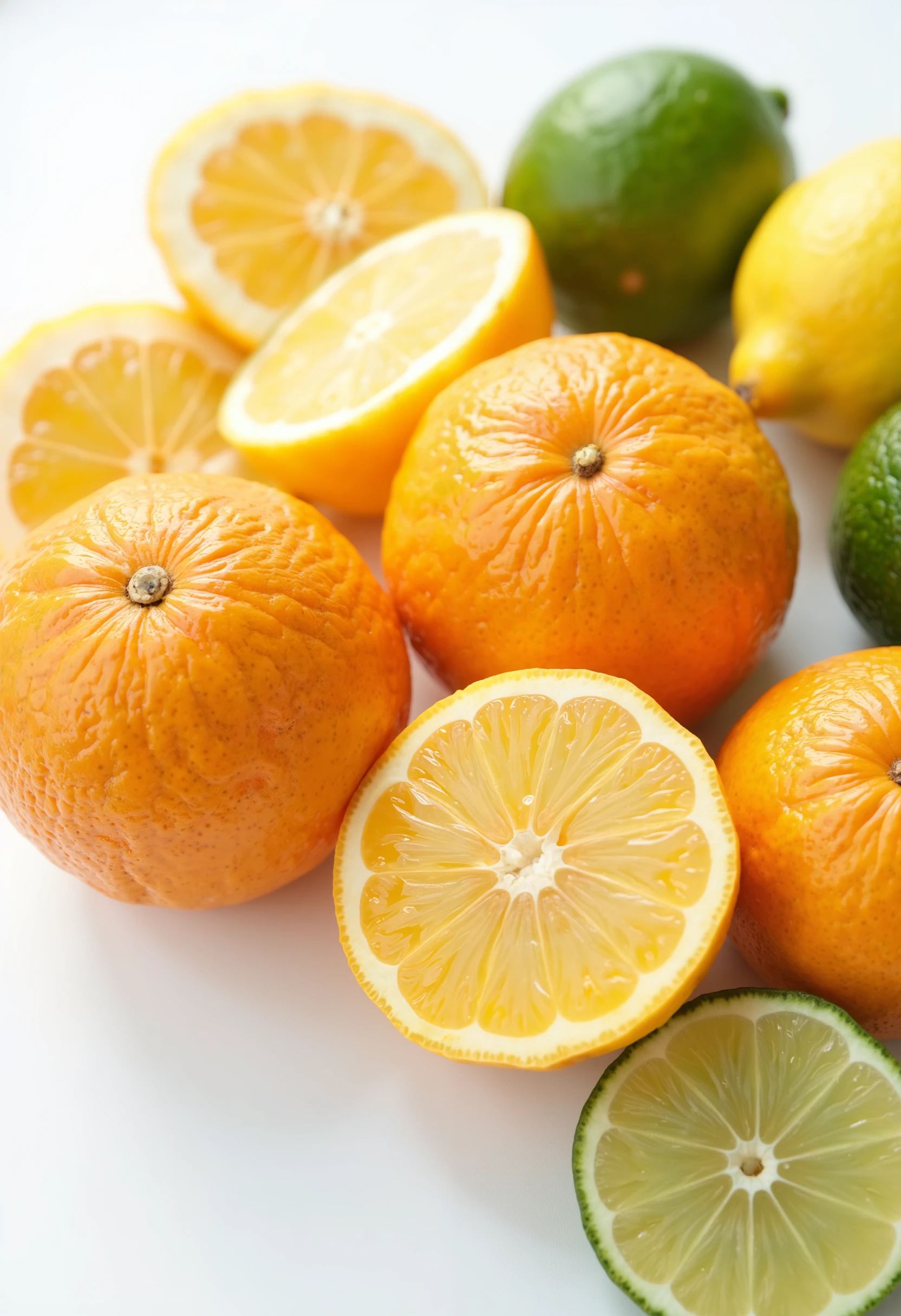 Sliced and whole oranges, lemons, and limes displayed on a white surface.