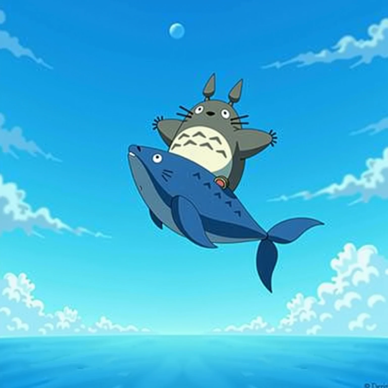 Totoro riding a flying fish in the blue sky, HD, Real Character