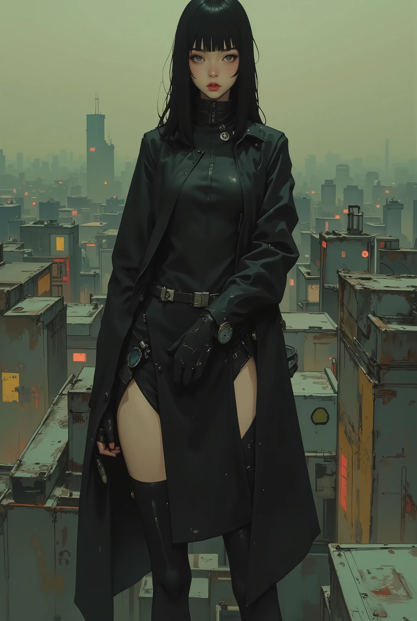 An extremely skinny 18-year-old korean girl wearing minimalistic blade runner dystopian futuristic leather lingerie, black hair, straight across bangs, heavy chest, slender skinny long legs, leather dominatrix suit, A comic book cover, illustration, HD, 8k