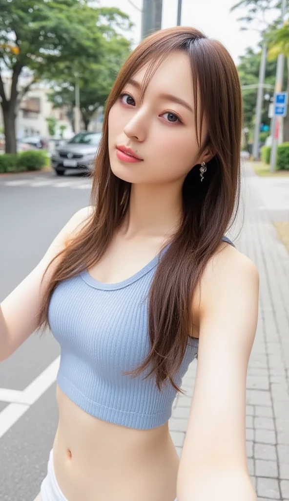 Mix 4, (8k, Raw photo, Best image quality, masterpiece: 1.45), (Realistic, Photorealistic: 1.37), One Girl, cute, Realistic Background, Cityscape,Daytime,Professional Lighting, Photon Mapping, Radio City, Physically Based Rendering, Gradient Gray Hair, Shiny Hair,  With a girl, Casual clothing,ribbed tank top, cute服, hunge breast:1.5, cute skirt,Highest quality photos, High resolution, 1080p, (Clear Face), (Detailed face description), (Detailed hand description), (masterpiece), (Exquisite CGI), Extreme light and shadow, Disheveled Hair, masterpiece, Rich details, (Beautiful Faces), (Highest quality photos), (masterpiece), (Detailed eyes), Look in front of you, Thin clavicle, ((Side bust )),(Underbust),,Earrings,Cleavage,