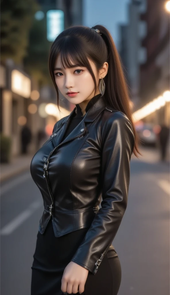 Create high-resolution images of captivating and attractive people。 (Japan woman in her early 40s:1.1) with a charming smile, wonderful (sexy little black leather suit with boots fashion:1.1, leather jacket, (leather long pants:1.2), Face-to-face audience, lip gloss:1.1), (sexy little black leather suit:1.2, with boots, Sexy model standing random pose,), random sexy pose, (perfectly healthy and muscular body, medium breasts, small cleavage:1.2), (Draw the whole body from the thighs up:1.1, Random sexy model standing pose:1, pat her hair back:1, nice smile:1), She embodies the bold spirit of the great thief.. Despite the dire situation, She looks forward with a happy smile, Her gaze facing the viewer、It's like he's really enjoying the challenge.. Her figure, Shining magically on a moonlit night, give her a dark angelic aura. The contrast of the dark costumes against the urban night sky、Enhance your angelic sense of adventure。, She is out of this world and at the same time、Seems to be intimately present in the thrill of the moment。.