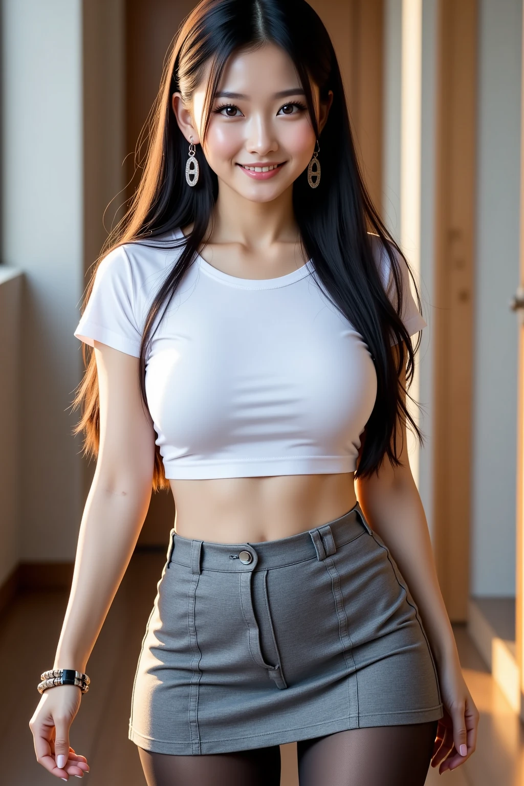 (High Definition), (8K), (Very Detailed), (Best Illustration), (Beautiful Detailed Eyes), (Best Quality), (Ultra Detail), (Masterpiece), (Wallpaper), (Detailed Face), Solo, 1 Girl, White Wavy Hair, Black Hair , Korean, Smiling Face, Loose White Shirt, White Shorts, Boyish Shorts, Navel, Long Legs, Tight Abs, Big Tits, Big Ass, Camel Toes, Dynamic Poses