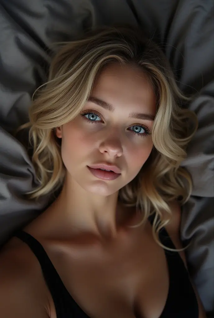 a beautiful girl with blonde hair and green eyes, 20 years old, detailed face, perfect body proportion, lying on the bed, selfie, detailed skin, detailed hair strands, detailed clothing folds, soft lighting, warm color tones, highly detailed,, (best quality:1.2), masterpiece