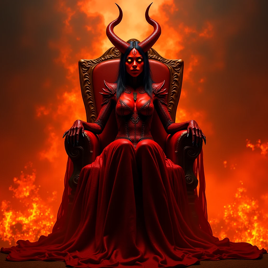 Demon Woman in Hell 50 Years, morena, Medium build, Bob haircut, Demon, reddish skin, The Royal Throne, holding wedding rings in his hands, hyper realisitc, cinematic still
