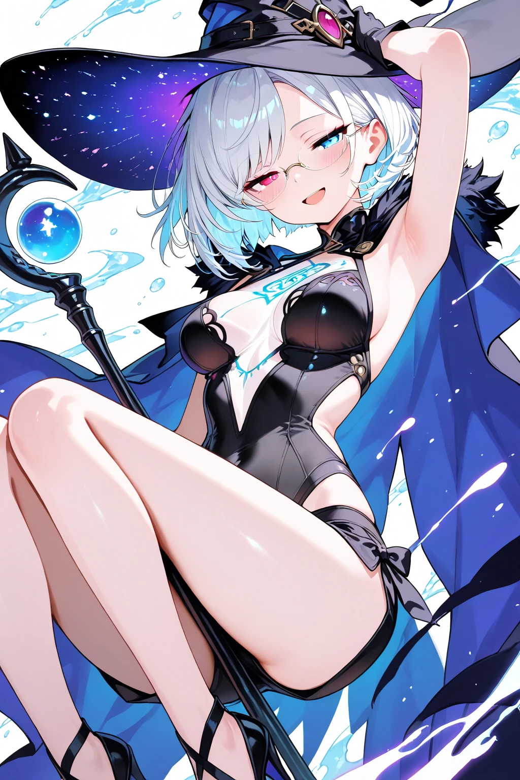 Oni girl, blue skin, yellow eyes, white hair, short hair, two horns, pointy ears, belly disposed, wearing black rubber gloves, wearing black cape, gold parts decorated, blue fireballs floating on background