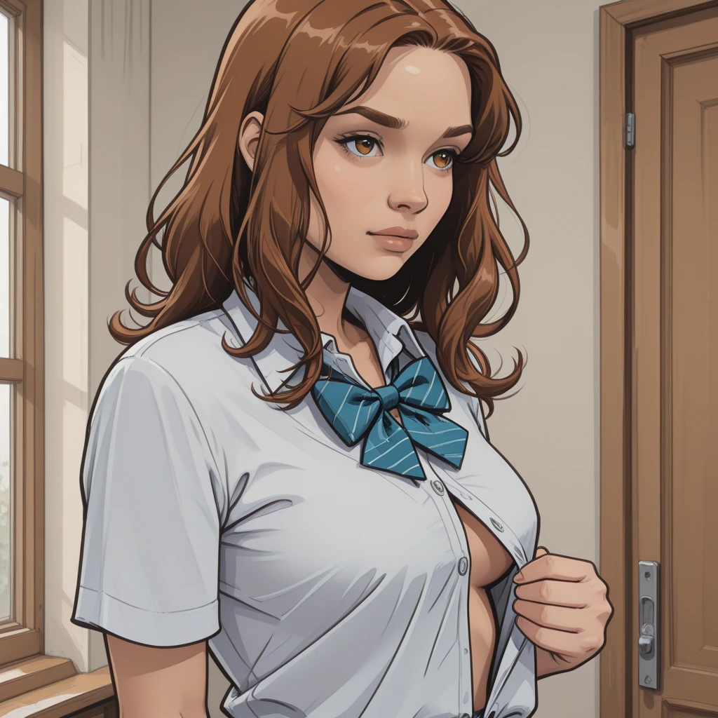 ((masterpiece)), (((Highest quality))), ((Character design sheet)), thin thighs, 1girl in sexy schoolgirl outfit, red plaid miniskirt, white blouse, short sleeve, black Mary Janes, white thigh highs, tight fit:1.5, large breasts, cleavage:2, blonde hair in high ponytail, glasses, smiling, butt exposure:2