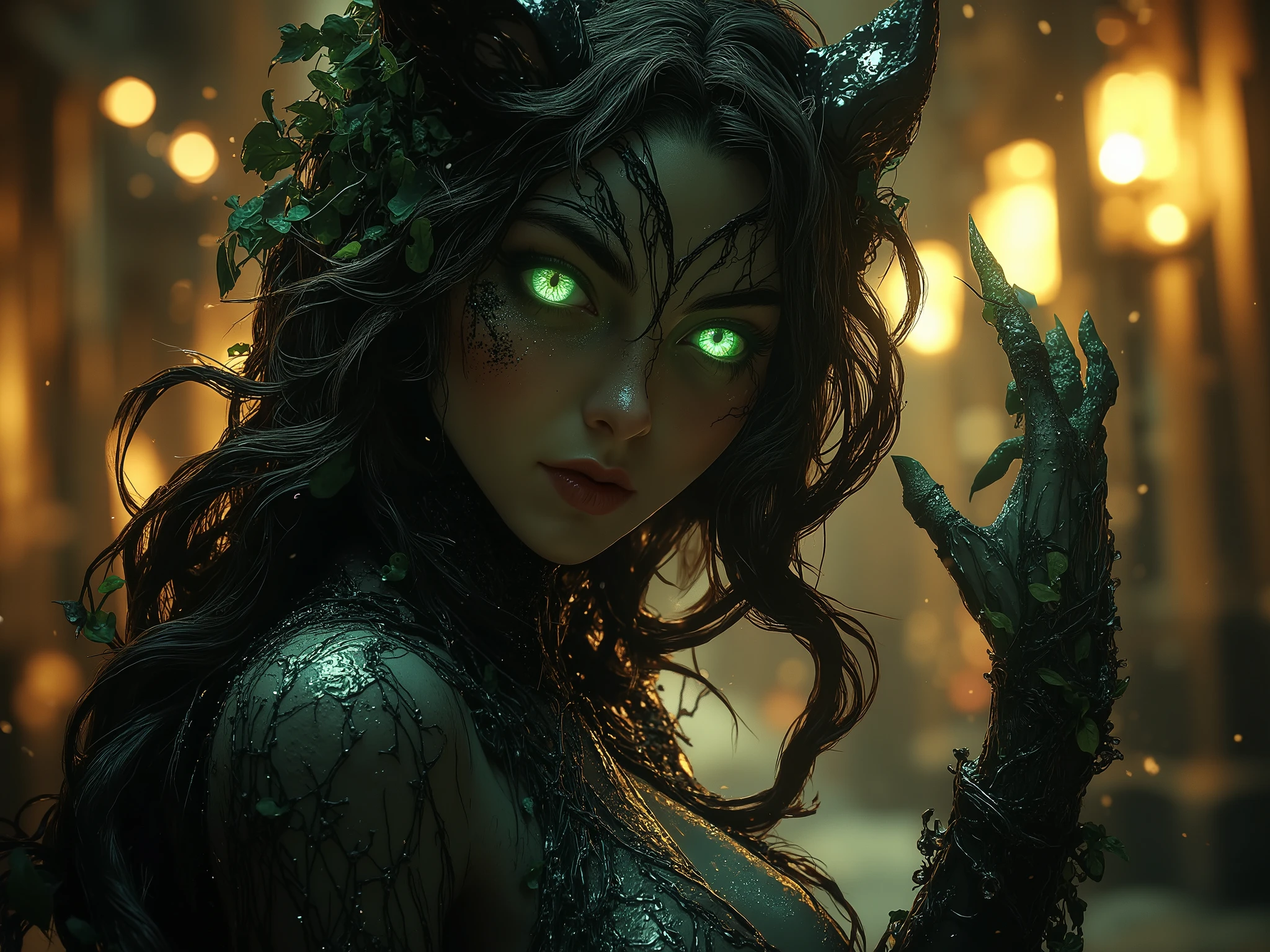 A shapeshifter panther girl with panther ears and tail and claws on her fingers. Big green cat eyes, dark skin, long black hair, toned body with the grace of a predator